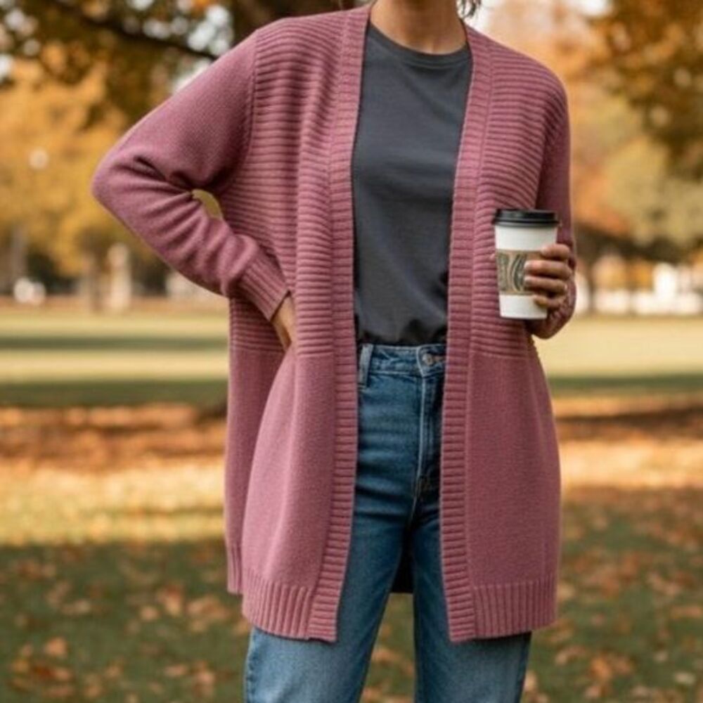 Cozy‎ Ribbed Dusty Rose Marled Open-Front Knit Duster Cardigan Size 1X